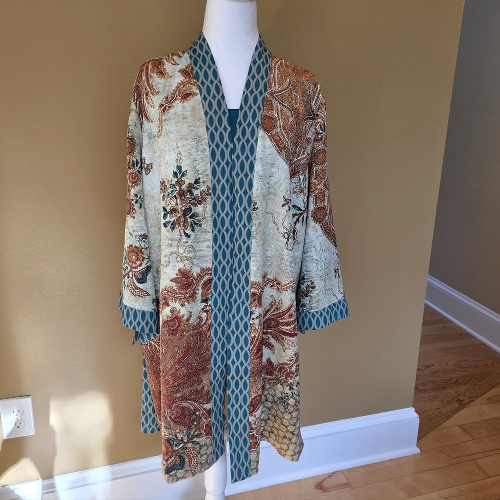 Chic Paisley Kimono Cape in Teal and Rust